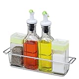 Glass Cruet set with Caddy, Salt and Pepper Shakers with Oil and Vinegar Dispenser Chefoh