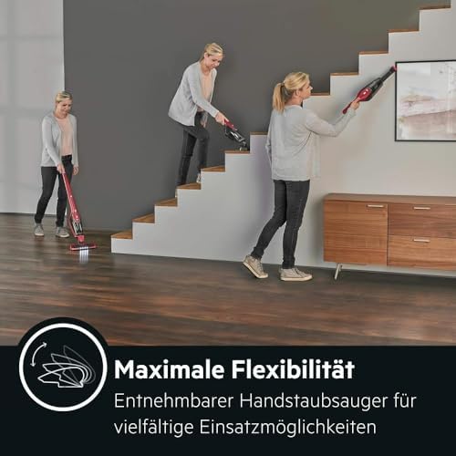Ergorapido 2in1 Akku Staubsauger, Beutellos, inkl. Tierhaardüse, ETM Testsieger, bis zu 45Min Laufzeit, Freistehend, 180° Drehgelenk, Bürstenreinigungsfunktion, LED-Frontlichter, Rot, CX7-2-45AN