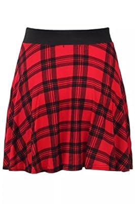 RM Fashions Women's Red Tartan Black Stretch Waist Skater Flared Skirt (Small-Large)