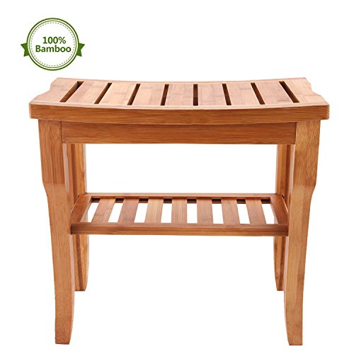 Fashine Multi-Functional Anti-Slip Waterproof 2 Tier Bathroom Bamboo Bench with Shelf Stool Storage Shelving Unit