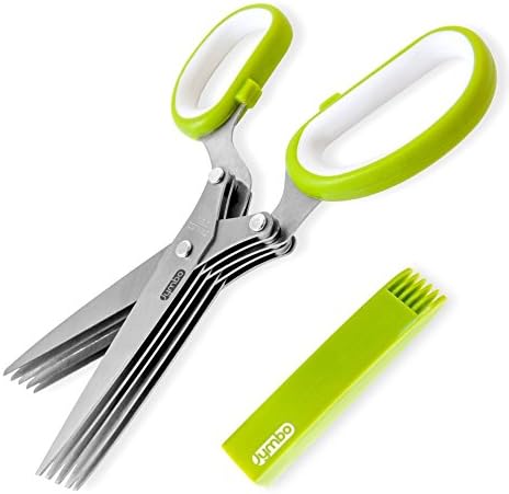 JYMBO Herb Scissors With Cover/Comb– Multifunctional Food Kitchen Shears with 5 Stainless Steel Blades – Mince, Shred and Chop Herbs, Vegetables and Garnishes – Dishwasher Safe