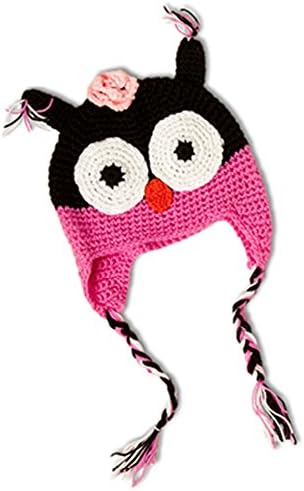 Baby Cute Crochet Knit Owls Woolly Cap Infant Toddler Earflap Hat (Black and Hot Pink)