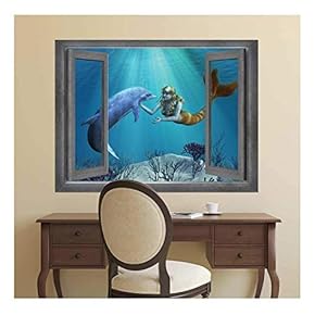 Wall26 - Open Window Creative Wall Decor - Beautiful Drawing of a Mermaid and Dolphin Interaction - Wall Mural, Removable Sticker, Home Decor - 24x32 inches
