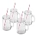 Mason Jar Mugs with Handle, SILVER Lid and Plastic Straws. 16 Oz. Each. Old Fashion Drinking Glasses - Pack of 4. By Premium Vials