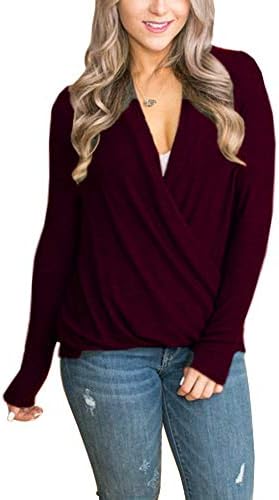 Yingkis Women's Cold Shoulder Tops Long Sleeve Deep V-Neck Wrap Front Blouse Loose Pullover