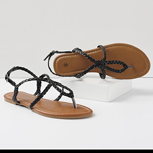 Rekayla Flat Sandals Braided Strap Tong Sandal for Women Black 08