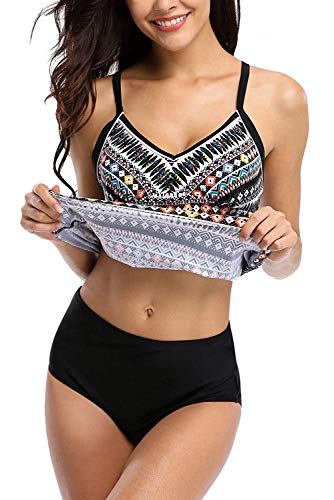 Attraco-Damen-Two-Piece-Tribal-Tankini-Set-Mit-Schwarzem-Slip-Azteken