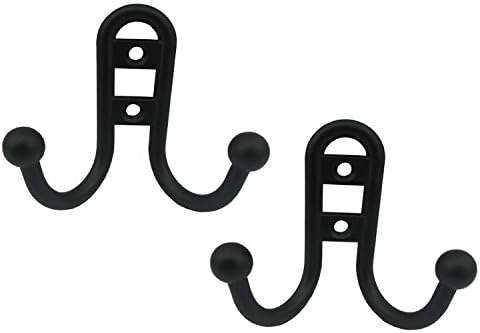 KWELS Double Prong Robe Hook Coat and Hat Hooks Wall Hangers, Flat Black,Pack of 2