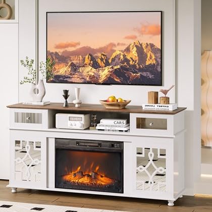 VINGLI Fireplace TV Stand with Sliding Mirrored Door for TVs up to 70", Entertainment Center with Storage Cabinet and Shelves, Media Console with 23'' Electric Fireplace for Living Room/Bedroom, White