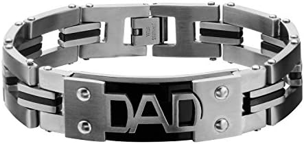 Men's Stainless Steel Engraved DAD with Black IP &amp; Steel Link Bracelet. Father's Day Gift for Dad.