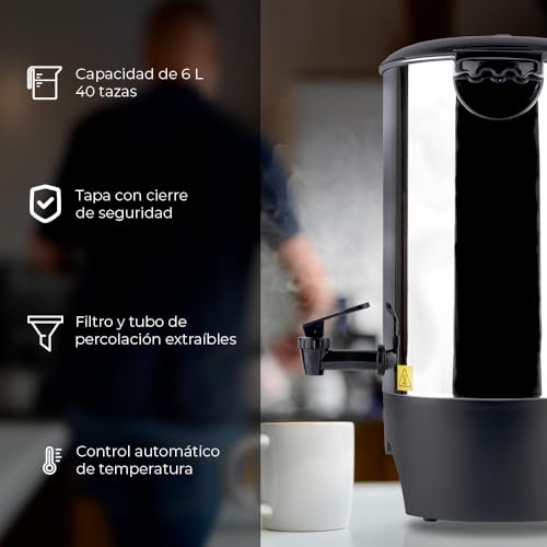 DAEWOO Cafetera eléctrica DCP-6L-40 con cap. 6L de acero inoxidable, tapa con asas y dispensador antigoteo con potencia de 1000W