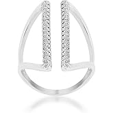 Pure Ziva Unique Modern Open Parallel Cocktail Ring, Pave Cubic Zirconia CZ Accents, Rhodium Plating