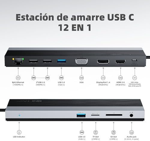 Estación de Acoplamiento USB-C para 3 monitores, con HDMI, DP, VGA, 100 W PD, USB3.0 & 2.0, RJ45, SD/TF-Slots, Audio/Micrófono, para Lenovo/HP/DELL, etc. - Gris