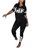 OQC Women's Letter Print V Neck Sweatshirt and Long Pants Jumpsuits 2 Piece Outfits