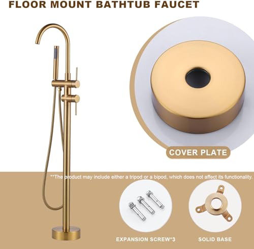 ARCORA Floor Bathtub Tap, Freestanding Bathtub Mixer, Pillar Bathtub Tap with Hand Shower, 360° Swivel, Copper and Stainless Steel, Ceramic Cartridge, Gold