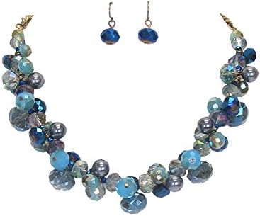 Iridescent Blue Aurora Borealis Glass Bead Bauble Bib Necklace, 18 Inches Long, with Dangle Drop Earrings