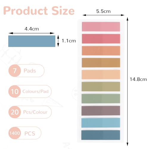 Euqvunn 1400 Pieces Adhesive Markers, 7 Pads, 70 Colors Sticky Bookmarks, Transparent Sticky Notes, Repositionable Translucent Eyelash Indexes for Office and Planning