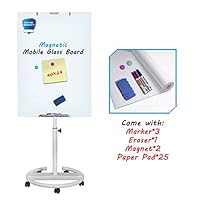 Glass Whiteboard Mobile - Magnetic Glass Board with Paper Pads, Glass Dry Erase Board 40x28 Inches, Height Adjustable Flipchart Easel Glass Board with Marker Tray
