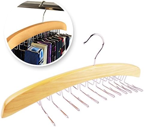 Pro Tie Rack | Amazing Non-Slip Wooden Tie Holder Organizer with 24 Rotatable Swivel Metal Stainless Steel Hook | Excellent for Men Scarf Necktie Belt | 1306.1