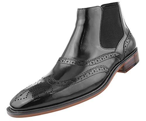 Asher Green AG2632 - Men's Dress Boots - Designer Vintage Genuine Leather Boots for Men - Formal Perforated Wingtip, Double Gore, Chelsea Boots - Black, Size 8