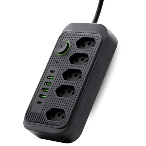 Extensão de Energia Filtro de Linha Régua de Energia com 5 Tomadas 4 USB-A e 2 USB Tipo-C Cabo 2 Metros Bivolt 110-220V Potência 2500W e Carregamento Inteligente Linha Premium (Preto)