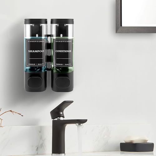 MEKOTRIN Wall Mounted Soap Dispenser, Shower Gel Dispenser, Double Shampoo and Conditioner Dispenser without Drilling ABS for Bathroom, Kitchen, Market, Hotel, Restaurant 300 ml x 2 (Black)