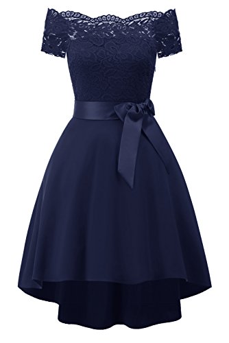 Sunvary Women Prom Cocktail Dresses Short Sleeves Off Shoulder Evening Formal Dress Lace with Bowknot-XL-Navy