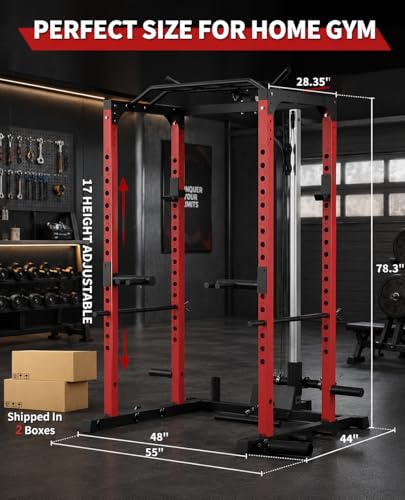 All in One Power Cage Squat Rack with LAT Pulldown & Cable Pulley System, 1200LBS Home Gym Power Rack with Dip Bars, Pull Up Bar, Weight Rack for Bench Press & Strength Training