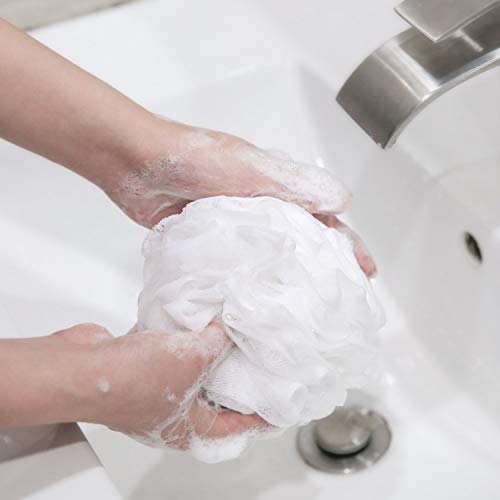 JCMASTER Loofah Shower Scrunchie for Men Women, [ Non-Vacuum Pack ] Mesh Pouf Poofs Puff Bath Lufa Loufa Luffa Scrubber Sponges for Exfoliating Your Skin 6 Pack, Large, White and Gray, 75g Each - Thumbnail 4