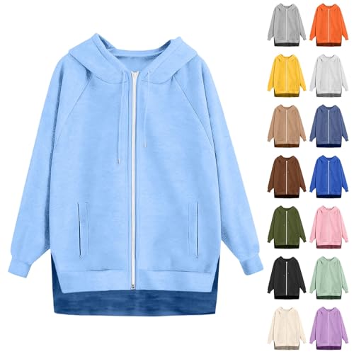 women's fashion, Hoodies for Women UK, Winter Jackets Oversized Zip Up Side Split Hem Sweatshirts Trendy Casual Loose Long Sleeve Pullover Comfy Fall Outfit Women's Fashion Clothing (Blue, L)