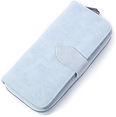 IFUNLE Women Soft Matte Leather Long Wallet Solid Vintage Clutch Large Capacity Classic Business Card Holder Buckle Zipper Coin Pouch Elegant Ladies Travel Purse (Blue)