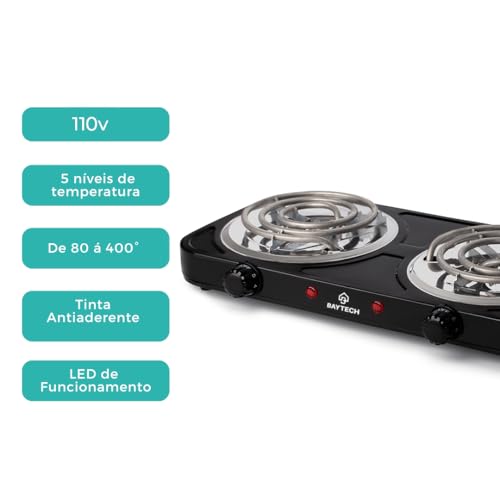 Fogareiro Elétrico 2 Bocas Espiral 127V/220V 2000W Portátil BAYTECH (Preto, 127V)