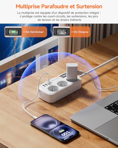 3 M Electric Extension Cord with 4 USB (2 USB-C), 3 Sockets with Switch, Wall Mount Surge Arrester for Home Office, White 16A/4000W