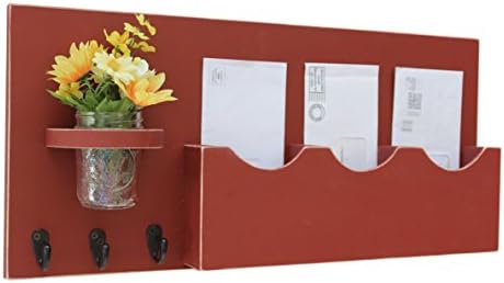 Legacy Studio Décor Triple Slot Mail Organizer with Key Hooks &amp; Mason Jar (Distressed, Barn Red)