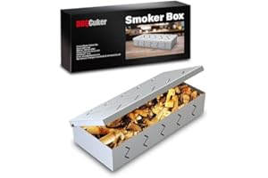 BBQCuker Grill Smoker Box, Stainless Steel Food Safe, Works with Wood Chips Smoked BBQ Flavor, Hinged Lid,Warp Free Grill Accessories (1, 8.8 * 4)