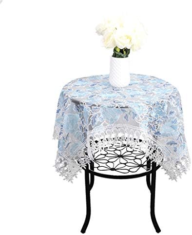 Newisher Vintage Blue Lace Embroidered Floral Tablecloth Small Square Toppers for Wedding Dining Party 35 x 35 Inch