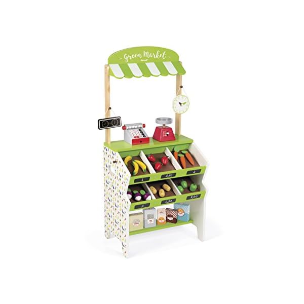 Janod - Green Market Wooden Grocery for Children - 32 Accessories Included - Shopping Pretent Play Toy - For children…