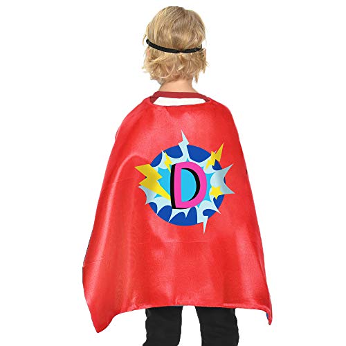 Red Superhero-Cape and Mask for Kid Costume with Name 26 Letter Initial (Cape-D)