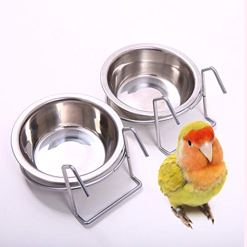 QBLEEV Birdcage Bird Feeder Birds Bowls for Cage Parakeet Food Dish Parrot Feeders Water Bowls Stainless Steel Dishes Coop Cups with Wire Hook for Small Animals Finches Lovebirds[2 Pack]