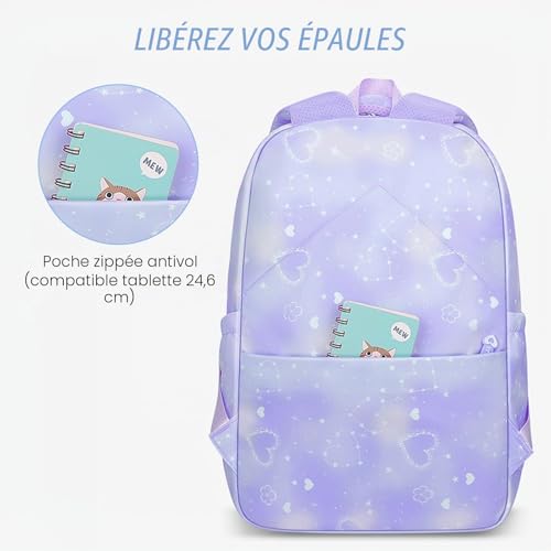 Amythe Kawaii 3-Piece Primary Girl's Backpack Set, School Bag, School Bag for Girls, College Lightweight for CP CE CM 6-12 Years L-Blue