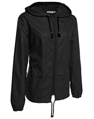 BELLE-LILI Women's Outdoor Lightweight Waterproof Hooded Jacket Windbreaker Coat (M, Black)