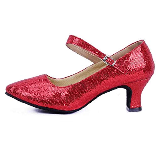 Womens Glitter Sequins Dance Shoes Buckle Strap Mid-High Heels Shoes Ballroom Latin Tango Rumba Performance Shoes (US:8, Red) - Thumbnail 4