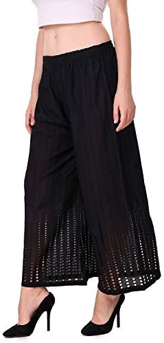 Legis Palazzo Pants for Women Pure Cotton Full Chikan (Free Size Waist - 28 to 38 inches, Length - 38 inches)