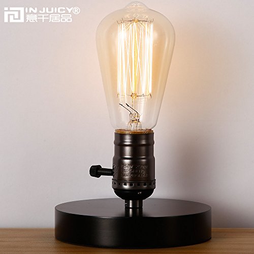 Injuicy Loft Retro Industrial E27 Edison Bulb Wooden Base Table Lights Vintage Antique Wood Led Desk Accent Lamp for Bedside Bedroom Living Dining Room Home Corridor with Switch (Black)