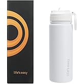 Life's Easy Stainless Steel Insulated Water Bottle - Sports Water Bottle w/Loop Handle Bionic Silicone Straw Lid - Vacuum Flask for Hot & Cold Drinks - Great for School, Travel & More (White, 18 oz)