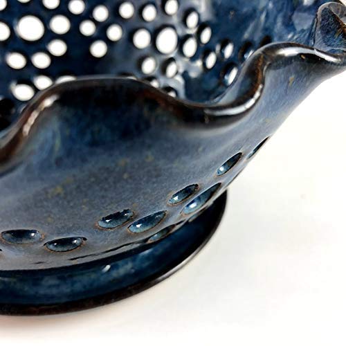 Blue Berry Bowl with Attached Saucer - Handmade Pottery