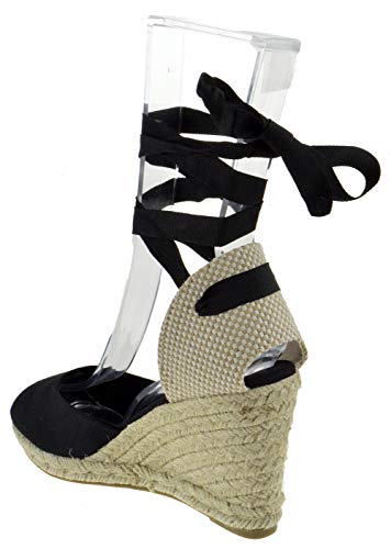 BAMBOO Timeoff 02 Womens Closed Toe Leg Wrap Espadrille Wedge Dress Sandals Black 6 - Thumbnail 2