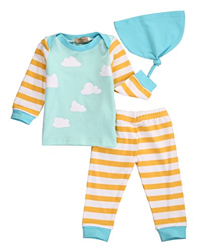 3pcs Newborn Baby Boys Girls Outfit Clouds Printed Tops+Stripe Pants Cotton Clothing Suit With Cute Hat