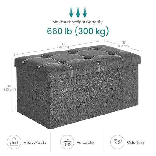 SONGMICS Mazie Collection - 30 Inches Ottoman Storage Bench, 21 Gal. Folding Chest with Breathable Linen-Look Fabric, Load up to 660 lb, for Entryway, Living Room, Bedroom, Dark Gray ULSF001G01