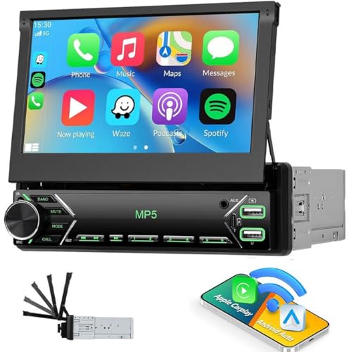 FM RDS 1 Din Car Radio Wireless Carplay Android Auto, Retractable Touch Screen 7 Inch Bluetooth Car Radio, EQ, Mirror Link, Reversing Camera, MIC, AUX, USB
